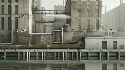 Obraz premium A futuristic city with a large industrial building and a walkway connecting two buildings. The photo is gray and overcast.