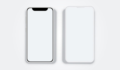 Modern white set of phones mockup front view. Mobile phone isolated with blank screen for display your ux design, site, presentation. Realistic 3d vector smartphones laying  on desk with shadow.