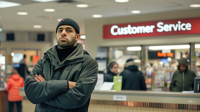 Man standing in line at customer service.