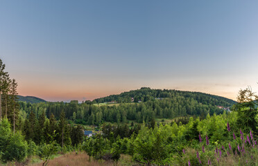 Fototapeta premium Landscape near Tisova village and Kraslice town before sunrise