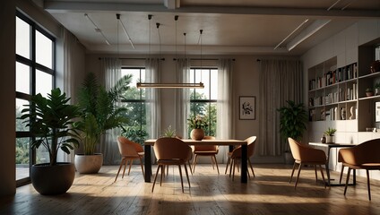 Fototapeta premium Interior design of modern workspace with stylish ceiling and tables with chairs and potted plants indoor