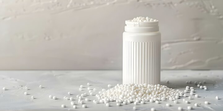 Sugar Substitute Pills in a White Plastic Bottle Ideal for Sweet Desserts and Nutrition. Concept Sugar Substitute, Pills, White Plastic Bottle, Sweet Desserts, Nutrition