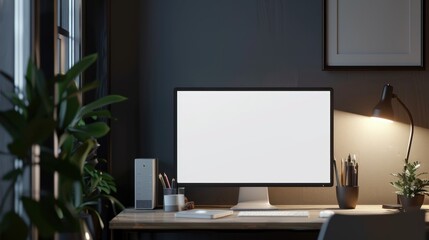 Minimalist Home Office Setup with Blank White Computer Screen, Desk Lamp, and Plants
