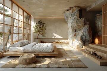Japanese style bedroom interior design with minimalist decor such as bonsai plants, shoji screens and Zen-inspired artwork.