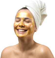 Beauty portrait of woman in white towel on head with gold nourishing mask on face. Skincare cleansing eco organic cosmetic spa relax concept.