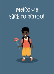 Back to school. Little Boy Carrying With Backpack Holding Bouquet Of Flowers. Template for design. Funny cartoon characters. Vector illustration.