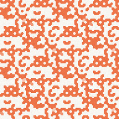 Faded peach fuzz glitch geo washed effect seamless pattern. Orange dye grungy blotched distress abstract background texture repeat. 