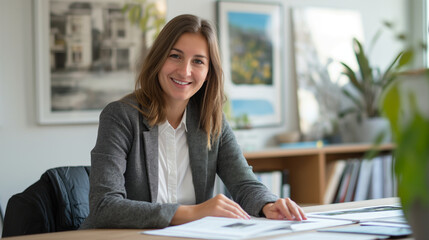 Photorealistic female realtor sitting at a desk with property listings in the office