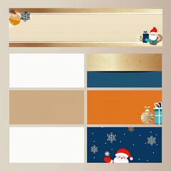 4 blank banners with a golden background and Christmas decorations. Santa Claus and gifts are on the right side of each banner in the style of a vector illustration.