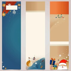4 blank banners with a golden background and Christmas decorations. Santa Claus and gifts are on the right side of each banner in the style of a vector illustration.