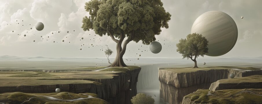 Surreal landscape with floating orbs and trees on cliff edges.
