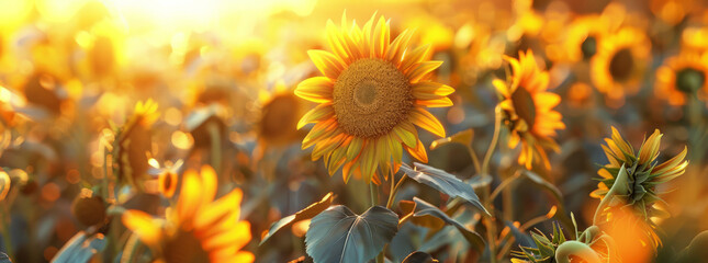Fototapeta premium A sunflower field at sunset with a golden glow. generative ai