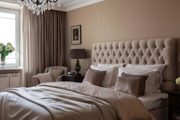 Fototapeta premium Nice Bedroom. Fancy Beige Interior with Comfortable Bed and Elegant Dark Details