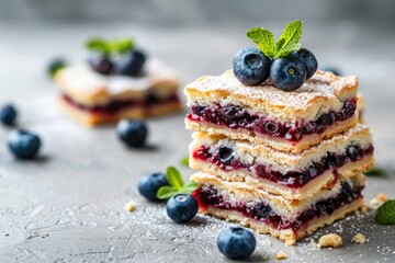 Stack of shortbread cake with blueberry filling Homemade pastry with summer berries Sweet pie with mint leaves Grey background space for text