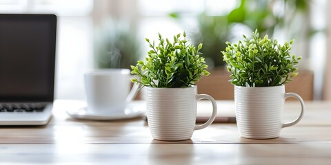 Creating a Cozy Home Office Vibe with Laptop, Coffee Mug, and Potted Plants. Concept Home Office Decor, Cozy Workspace, Productivity Boost, Plant Aesthetic, Laptop Lifestyle