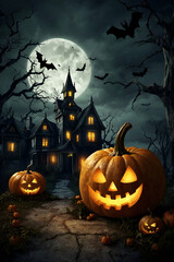 halloween background with pumpkin and bats, wallpaper 