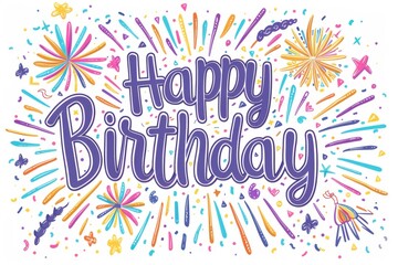 logo design for the word "Happy Birthday" with colorful fireworks and confetti around, isolated on white background Generative AI