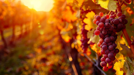 Sunlit Vineyard with Ripe Grapes on the Vine during Golden Hour, Autumn Harvest Season in Picturesque Countryside