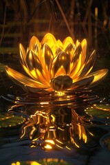 Gold Lotus. The Enchantment of a Golden Lotus Flower Blooming at Night in a Magical Swamp
