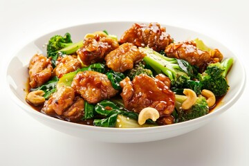 Fototapeta premium Stir fried chicken with vegetables and cashews in oyster sauce on a white plate