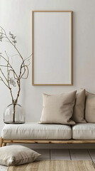 Minimalist living room with natural decor, blank frame, and cozy cushions on a wooden bench