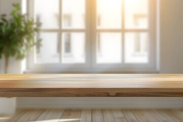 Fototapeta premium wooden table on blur window glass white wall in office room empty luxury wooden table top shelf for display or montage products banner mock up background