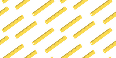 Horizontal seamless pattern with school plastic rulers. School pattern with yellow scissors. Pattern on changeable white background for design, fabric, wrapping paper. Simple pattern of one element.