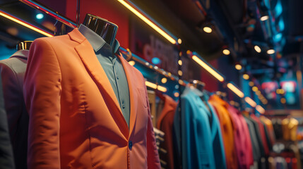 Obraz premium Photorealistic mens clothing collection on mannequin, a bright orange jacket on a mannequin
