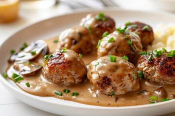 Swedish Meatballs in mushroom sauce on plate on table