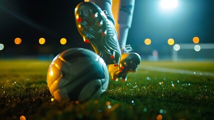 Naklejka premium Football scene at night match with close up of a soccer shoe hitting the ball with power