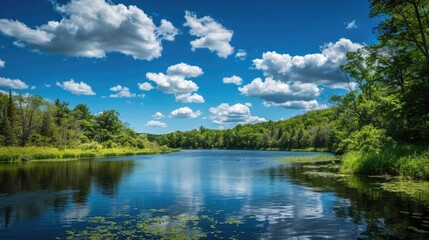 Ontario River. Scenic Waterway View through Forest in Summer under Blue Sky