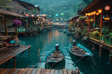 Obraz premium Colorful Boats Moored Along the Waterway in a Lush Tropical Village
