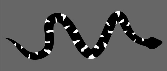 Black and white silhouette snake. Isolated symbol on grey background. Zig zag reptile vector illustration. Dangerous wildlife animals in garden. Black snake with white spots. Eps 10 clipart draw. 