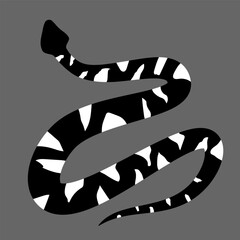 Black and white silhouette snake. Isolated symbol on grey background. Reptile vector illustration. Dangerous wildlife animals in garden. Black snake with white spots. Eps 10 clipart draw. 