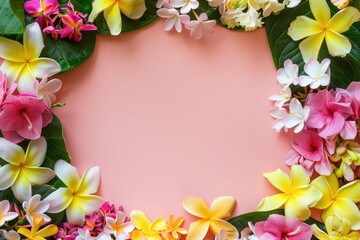 Obraz premium Hawaii Border. Tropical Lei Frame with Hawaiian Flowers in Abstract Art Background