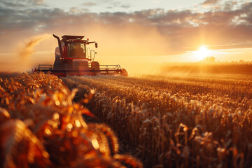 Fototapeta premium Farmers harvesting crops in a sunlit field