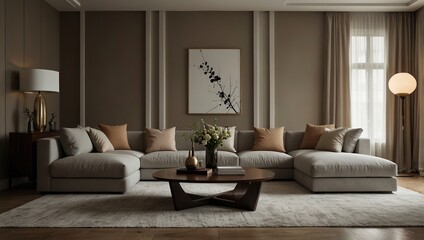 Fototapeta premium Living room interiors with minimalist deco in a luxury apartment. Residential Real Estate interior design composition