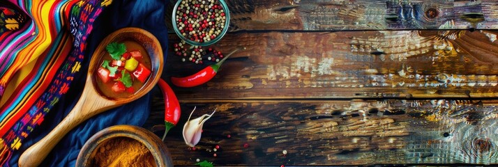 Fototapeta premium Mexican Menu Background. Gastronomy Cooking Banner with Colorful Fabric and Wooden Spoon on Table