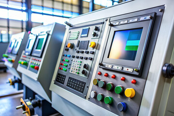 A row of computer monitors with buttons and a green screen