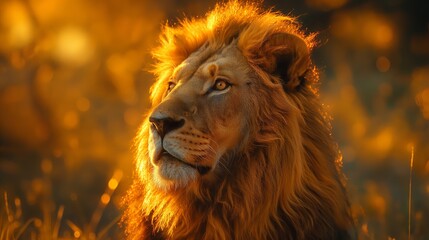 Naklejka premium Majestic Lion in Golden Light, Ideal for Wildlife and Nature Photography