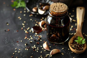 Teriyaki sauce and ingredients on black background