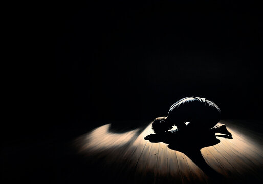 a man going through emotional pain or depression while sitting on the floor, room for copy