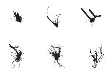 Large set of black ink or paint on white with different shapes drips and radiating patterns vector design elements