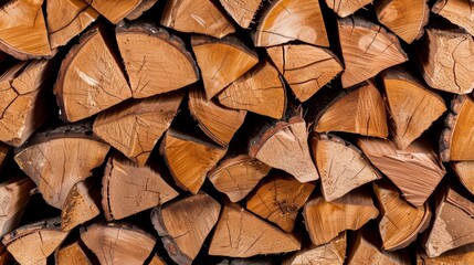 Fototapeta premium Close-up view of meticulously stacked firewood, showcasing natural textures and details, captured with cinematic lighting for a hyper-realistic feel