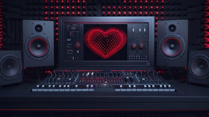 Fototapeta premium A minimalist music studio where mystical sound waves resonate with heartshaped holograms
