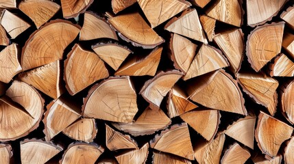 Detailed close-up of a stack of firewood, focusing on the rich textures and natural variations, captured with hyper-realistic cinematic photography