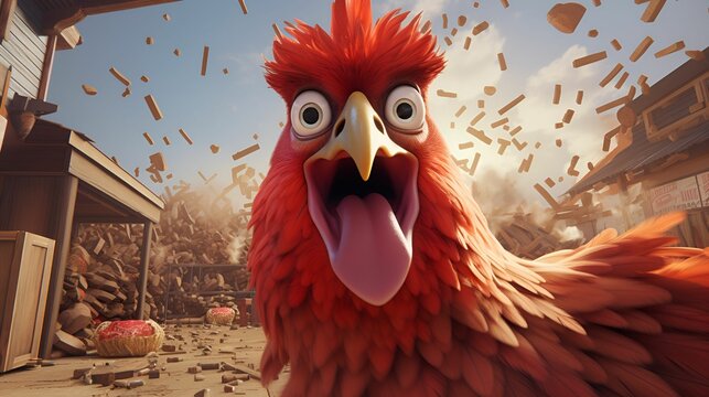 A startled red bird with its tongue out stands in a chaotic scene with debris flying around.