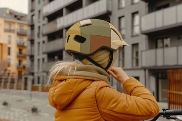 A mother is helping her child put on a helmet before riding an electric bike. The background shows gray buildings and streets in the style of a modern city.