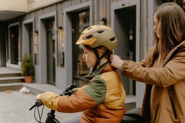 A mother is helping her child put on a helmet before riding an electric bike. The background shows gray buildings and streets in the style of a modern city.