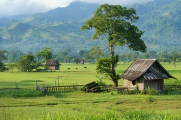 Obraz premium Country Side Farm in Myanmar: Serene Landscape for Travel and Agriculture